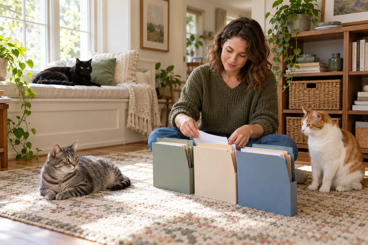 Owner organizing folders on the floor while cats rest nearby
